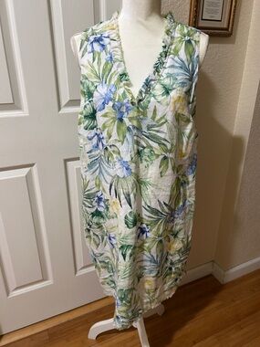 Tommy Bahama Sleeveless V-Neck Midi Dress in White, Green and Blue floral linen